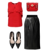 Skirt and top outfit with flounces on the chest and accessories for it for women with a figure. Slender column.