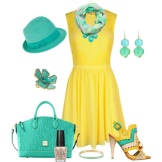 Green accessories for a yellow flared dress