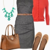Terracotta jacket to a gray sheath dress