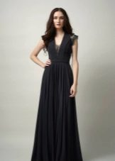 Black floor-length evening dress with lace accents