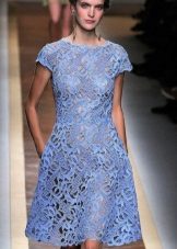 blue evening dress knitted with irish lace