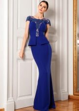 Blue peplum evening sheath floor dress
