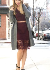 Marsala dress with gray cardigan and black shoes