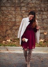 Marsala dress with light-colored outerwear