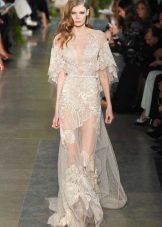 Long transparent floor-length dress with printed milk-colored lace