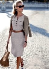 Safari dress with cardigan, leather bag and belt