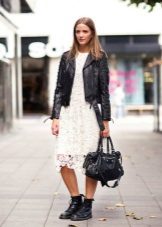 Guipure dress with leather jacket