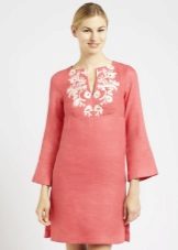 Embroidered linen trapezoid dress