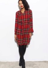 Red check shirt dress with black tights