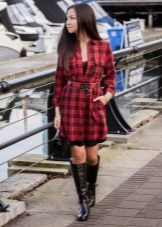 Red check shirt dress with black knee high boots