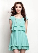 Short dress in aqua color with frill on the skirt and chest