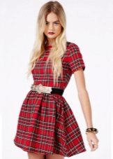 Short with a belt dress in a red plaid (tartan)