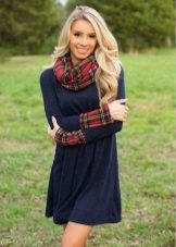 Check wool long sleeve blue dress with check fabric