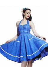 Blue dress with white polka dots in retro style.