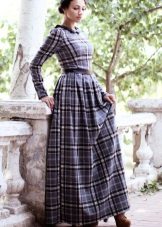 Long dress in a blue and black plaid with a full skirt