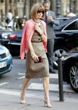 Beige and Green Check Sheath Dress