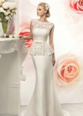 Long sheath lace wedding dress with peplum satin