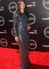 Long gray shiny closed corporate dress