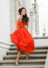 Summer red dress with a sun skirt