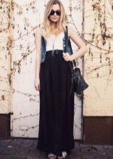 Long black semi-skirt with denim vest