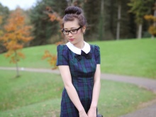 Dress in a blue-green plaid (tartan) with a white collar