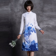 White Chinese Dress with Blue Print