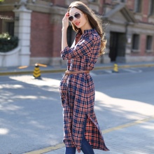 A checkered shirt in a mid-length combination with jeans