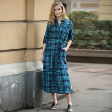 Green and Blue Long Plaid Shirtdress with Black Sleepers