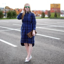 Asymmetric blue check dress shirt with skirt