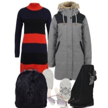 Medium length knitted dress and accessories for an inverted triangle type figure