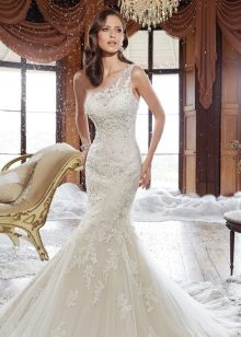 One shoulder mermaid lace wedding dress