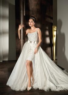 A wedding dress with a detachable train at the waist
