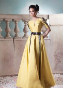 Yellow evening dress with black leather accents