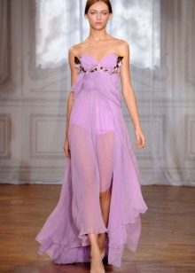 Purple lightweight evening dress with a slanting cut