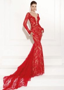 Red Mermaid Evening Lace Dress