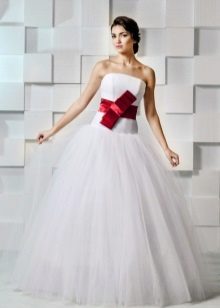 A magnificent wedding dress with a red bow