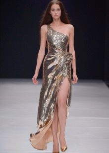 One-shoulder evening dress with slit