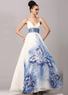 White wedding dress with a blue pattern
