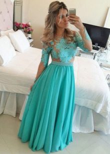 Turquoise long evening dress with lace