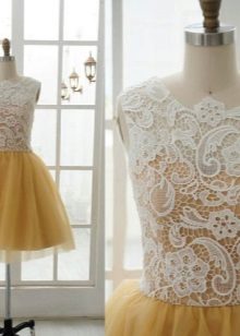 White lace on a mustard dress