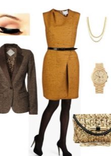 Mustard dress with black slippers and black tights