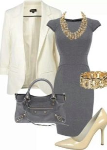 Gray dress with a white jacket