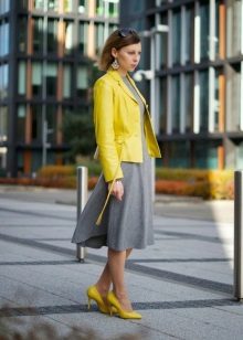 Yellow cardigan and yellow shoes to a gray dress