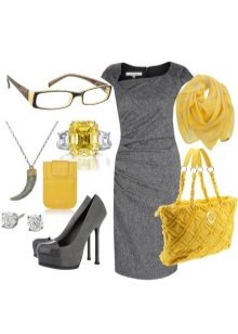 Gray dress combined with yellow accessories
