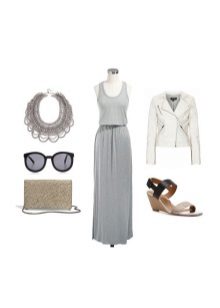 Gray knit dress with a white leather jacket