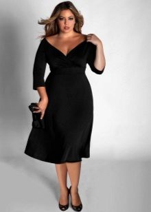 Three-Quarter Deep V-Neck Black Dress for Full Ladies