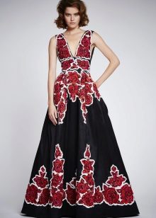 A-line black floral print dress