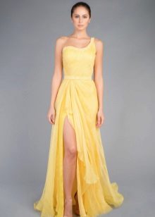 Greek dress on one shoulder yellow