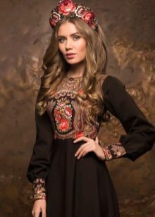 Brown dress in Russian style with kokoshnik