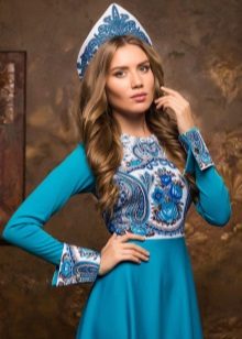 Blue dress in Russian style with kokoshnik